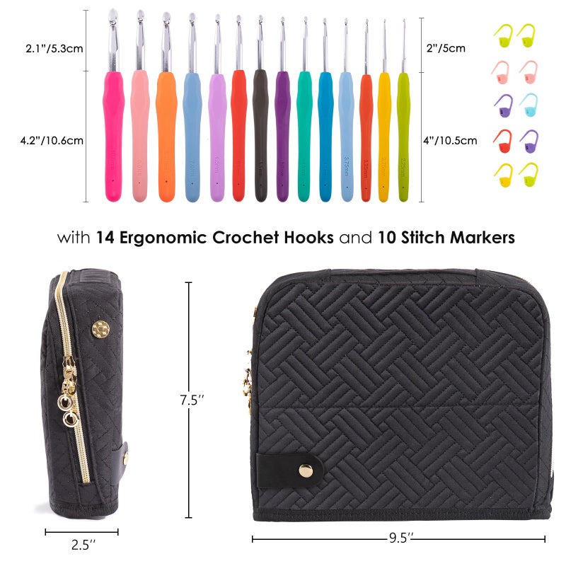 MYBAGZING حافظة إبر الكروشيه MYBAGZING مع مجموعة من 14 إبرة كروشيه بحجم 2mm(B)-10mm(N) إبر كروشيه مريحة مع حافظة كروشيه قائمة - تنظيم إبر الكروشيه لعشاق الكروشيه، مجموعة كروشيه للمبتدئين - Image 2