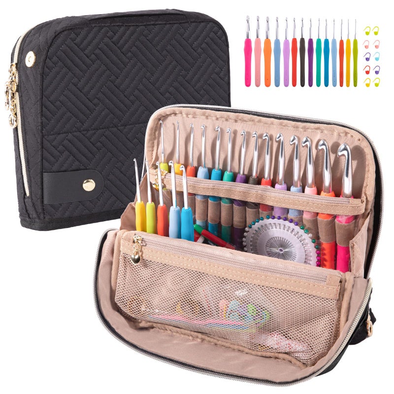 MYBAGZING حافظة إبر الكروشيه MYBAGZING مع مجموعة من 14 إبرة كروشيه بحجم 2mm(B)-10mm(N) إبر كروشيه مريحة مع حافظة كروشيه قائمة - تنظيم إبر الكروشيه لعشاق الكروشيه، مجموعة كروشيه للمبتدئين - Image 1