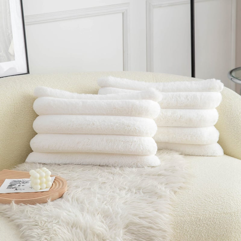 Neelvin Cream White Faux Fur Cozy Soft Striped Decorative Throw Pillow Covers 12x20 inch Set of 2Velvet Pillowcase Cushion Case for Sofa Couch