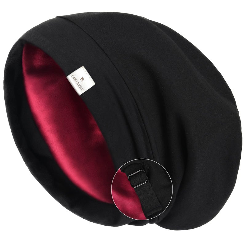 YANIBEST Silk Satin Bonnet Hair Wrap for Sleeping Adjustable Slouchy Beanie for Women Silk Lined for Curly Hair and Braids BlackWine