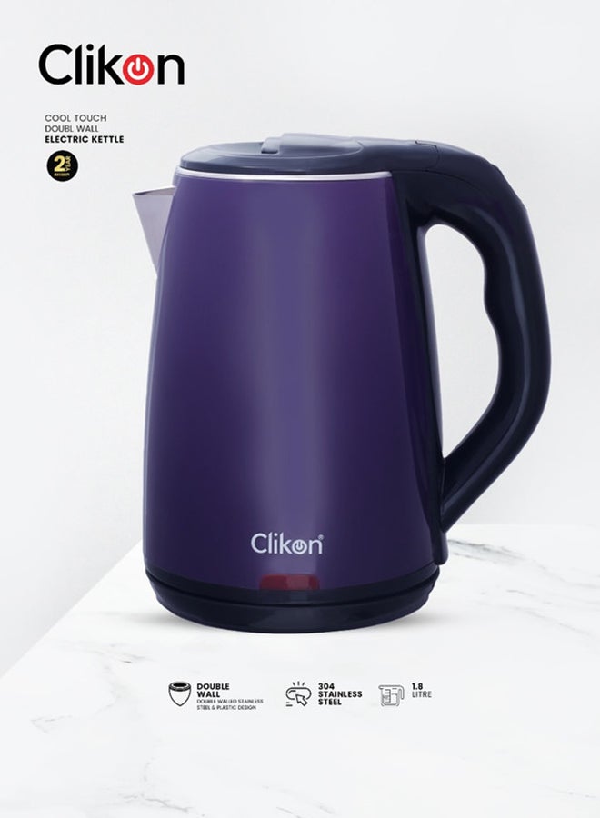 Clikon Double Wall SS Electric Cordless Kettle With Overheating Protection And Odourless,Food Safe Plastic Finishing- 2 Years Warranty 1.8 L 1500 W CK5127 Purple/Black - Image 1
