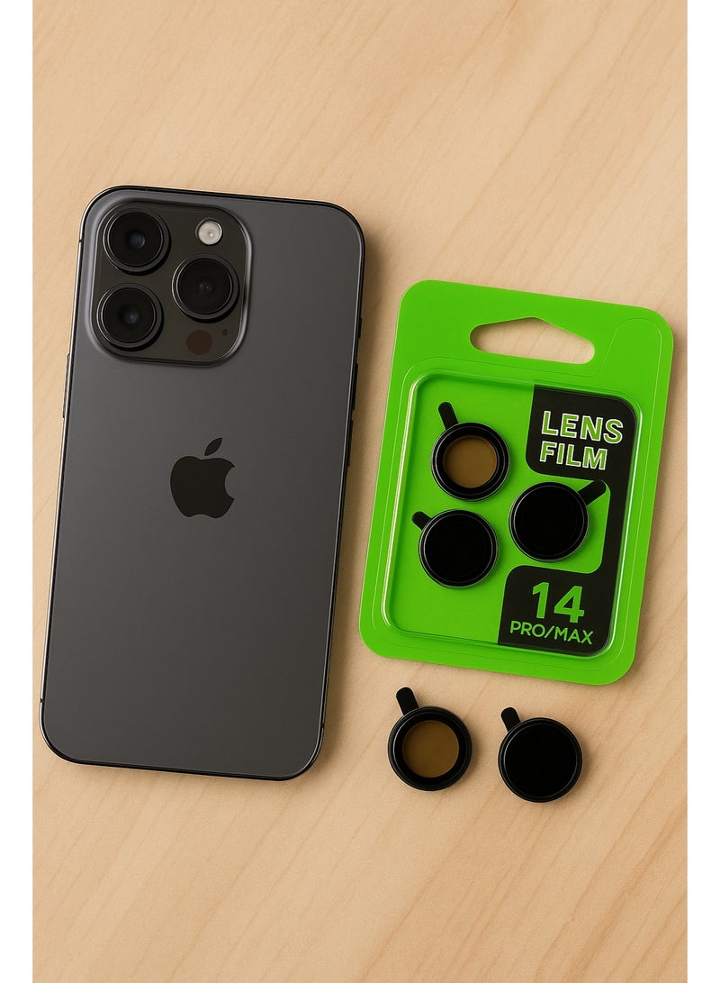 واقي عدسات كاميرا آيفون 14 برو و14 برو ماكس – حماية زجاجية فاخرة ضد الخدش والكسر – تركيب سهل وثبات قوي – تصميم مطابق للكاميرا بدون تأثير على جودة التصوير – لون أسود/ذهبي - Image 2