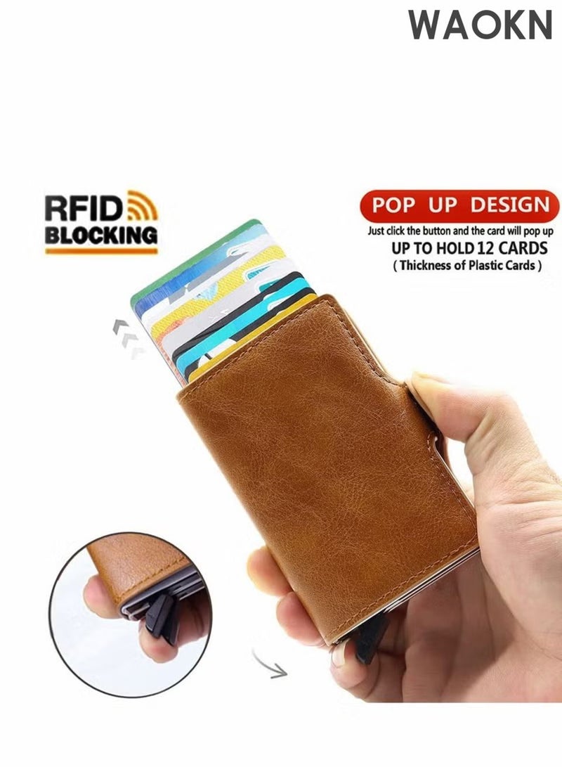 WAOKN Wallet for Men Credit Card Holder, Automatic Pop Up Wallet with RFID, Leather Slim Card Case Front Pocket Anti-theft Travel Thin Wallets, Metal Money Organizers for Women Up to Holds 14 cards+ Cash,unisex . - Image 4