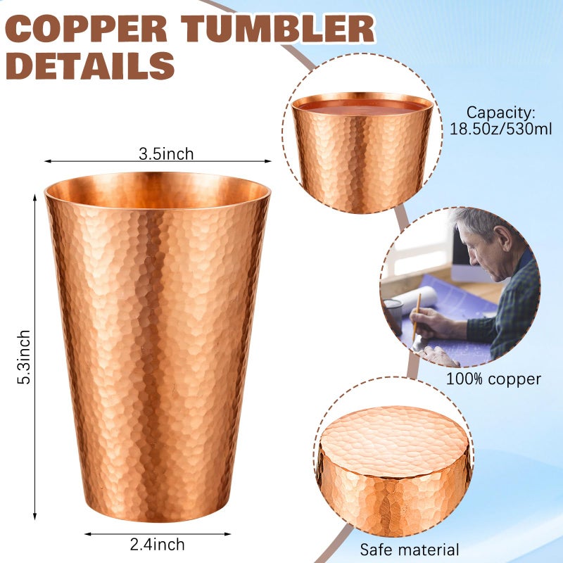 Willinglong Set of 2 Pure Copper Tumblers 18.5 oz Handcrafted Hammered Copper Cups, Ayurvedic Drinking Vessel for Family Health Water, Cocktails, Iced Tea Glasses - Image 2