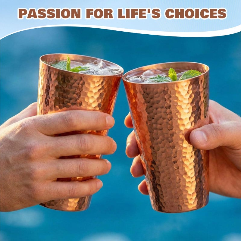 Willinglong Set of 2 Pure Copper Tumblers 18.5 oz Handcrafted Hammered Copper Cups, Ayurvedic Drinking Vessel for Family Health Water, Cocktails, Iced Tea Glasses - Image 5