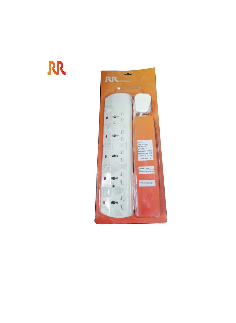 RR Approved Universal Power Extension Socket with Individual Neon Light Switches - 13A Plug 250V (5 Way - 3 Mtr Cable)  - Image 3