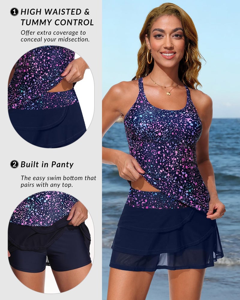 Yonique Two Piece Tankini Swimsuits for Women with Shorts Tummy Control Bathing Suits Athletic Swimwear Starry Sky L - Image 4