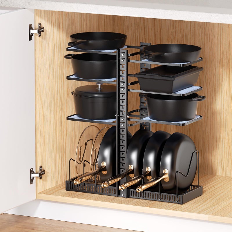 LAMU Pots and Pans Organizer under Cabinet, Expandable to 24" H Pan Organizers inside Cabinet for Kitchen Storage, 6 Adjustable Tiers and 6 Pot Lid Organizer Racks, Holds 12 Cast Iron Cookware Black - Image 1