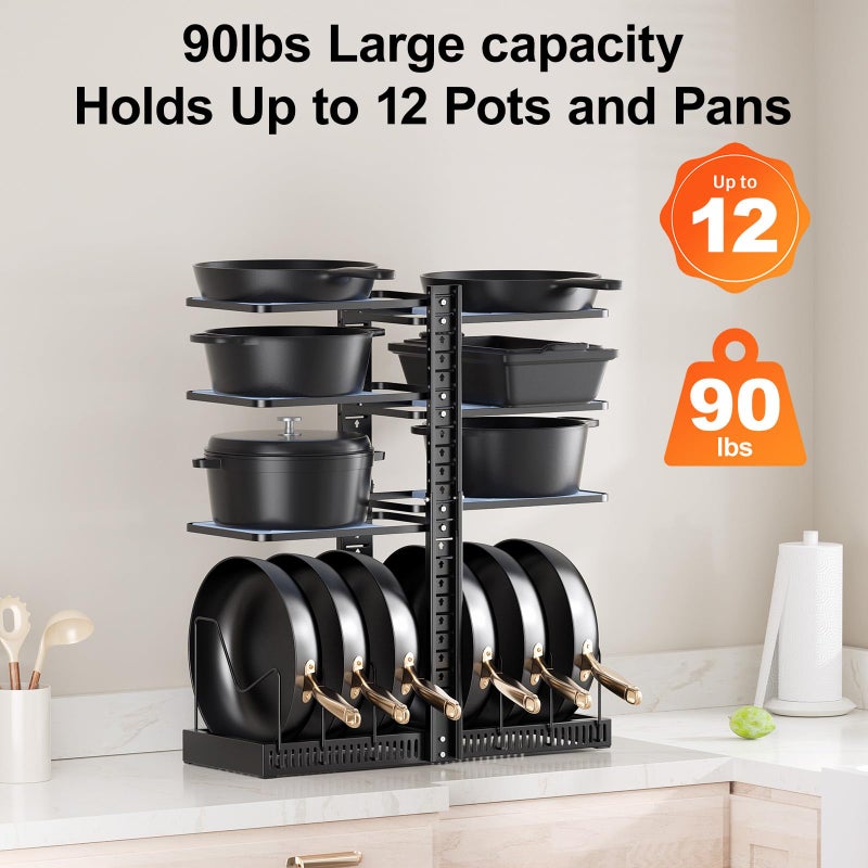 LAMU Pots and Pans Organizer under Cabinet, Expandable to 24" H Pan Organizers inside Cabinet for Kitchen Storage, 6 Adjustable Tiers and 6 Pot Lid Organizer Racks, Holds 12 Cast Iron Cookware Black - Image 4