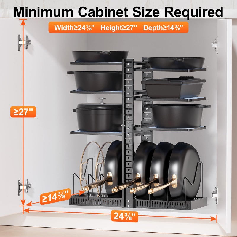 LAMU Pots and Pans Organizer under Cabinet, Expandable to 24" H Pan Organizers inside Cabinet for Kitchen Storage, 6 Adjustable Tiers and 6 Pot Lid Organizer Racks, Holds 12 Cast Iron Cookware Black - Image 2