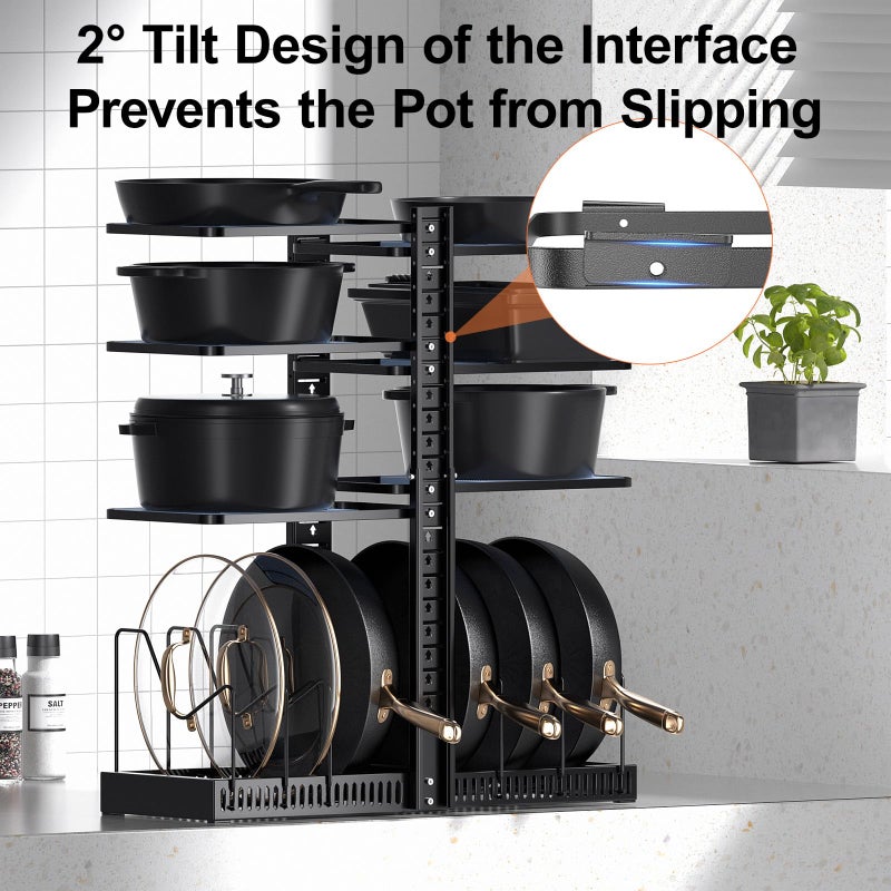 LAMU Pots and Pans Organizer under Cabinet, Expandable to 24" H Pan Organizers inside Cabinet for Kitchen Storage, 6 Adjustable Tiers and 6 Pot Lid Organizer Racks, Holds 12 Cast Iron Cookware Black - Image 3