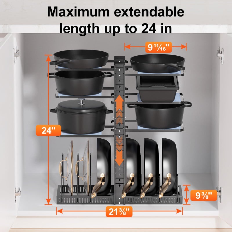 LAMU Pots and Pans Organizer under Cabinet, Expandable to 24" H Pan Organizers inside Cabinet for Kitchen Storage, 6 Adjustable Tiers and 6 Pot Lid Organizer Racks, Holds 12 Cast Iron Cookware Black - Image 5