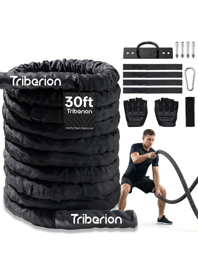 Triberion Battle Rope For Home Gym Workout - 1.5 Inch 30ft Heavy Weighted Training Exercise Ropes Fitness Equipment With Sleeve And Anchor Strap Kit For Outdoor Working Out - Image 1
