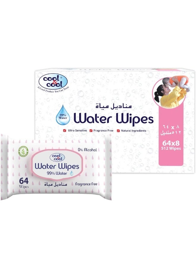 Cool & Cool Cool & Cool Aqua Wipes 64's (Pack of 8) - 99% AQUA, 0% Alcohol, Ultra Sensitive, Fragrance-Free, Natural Ingredients 512 Wipes - Image 1