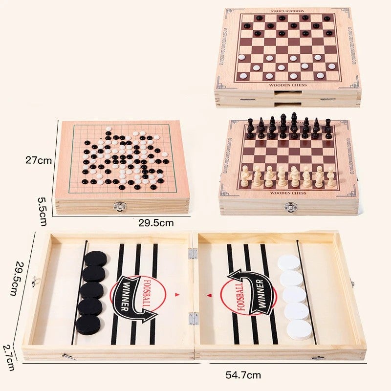 Y&D 4-in-1 Game Table: Chess, Air Hockey, Foosball & Sling Puck - Wooden Board Games for Family Fun - Kids & Adults