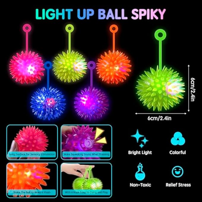 TGIQROVE 24 Pcs Light up Bouncy Balls Bulk for Kids, 6 Colors Glow in The Dark LED Ball, Flashing Squeaky Ball, Spiky Massage Sensory Toy, Glow in The Dark Party Favors for Teens Adults Dogs Cats - Image 2