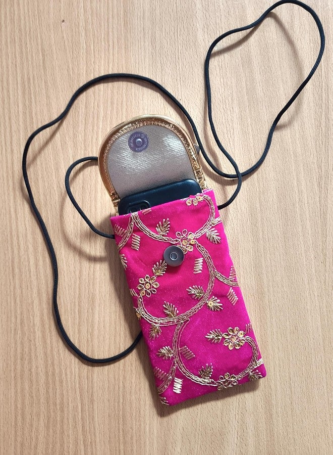 Embroidered Mobile Pouch with Crossbody Strap, Pink, Floral Design, Gold Embellishments, Magnetic Closure - Image 3