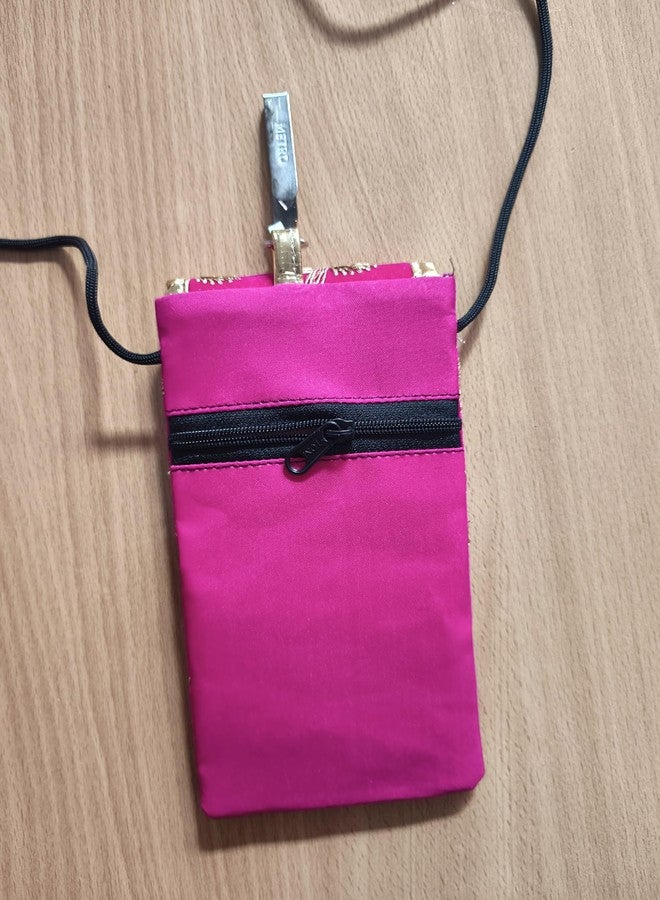 Embroidered Mobile Pouch with Crossbody Strap, Pink, Floral Design, Gold Embellishments, Magnetic Closure - Image 4