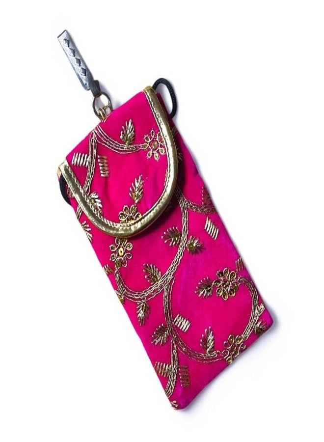 Embroidered Mobile Pouch with Crossbody Strap, Pink, Floral Design, Gold Embellishments, Magnetic Closure - Image 2