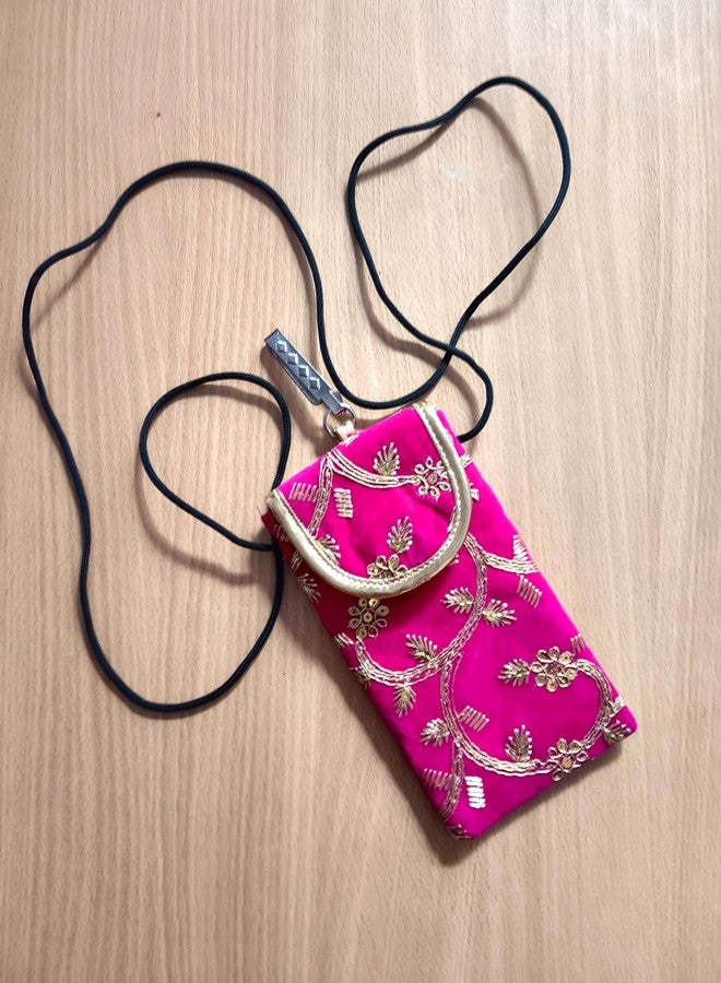 Embroidered Mobile Pouch with Crossbody Strap, Pink, Floral Design, Gold Embellishments, Magnetic Closure - Image 5
