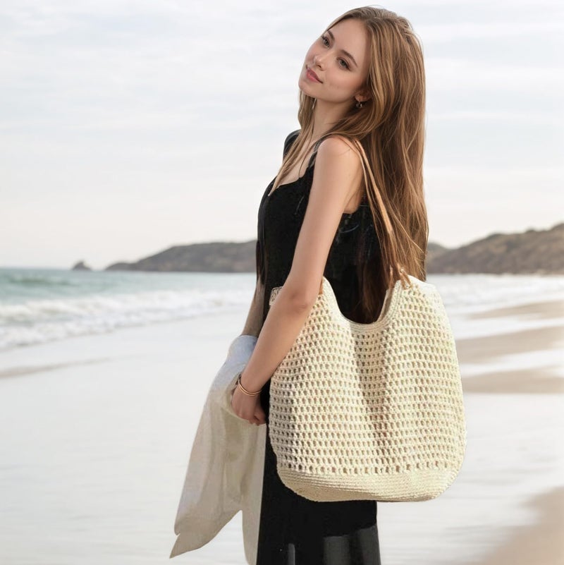 Bototack Straw Beach Tote Bag for Women - Large Summer Crochet Beach Bag, Boho Woven Shoulder Handbags for Vacation Travel (Beige) - Image 2