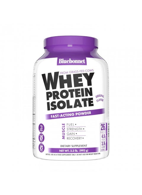 Bluebonnet Nutrition Whey Protein Isolate Powder, Whey from Grass Fed Cows, 26 Grams of Protein, No Sugar Added, Gluten Free, Soy Free, Kosher Dairy, 2.2 lbs, 32 Servings, Original Unflavored