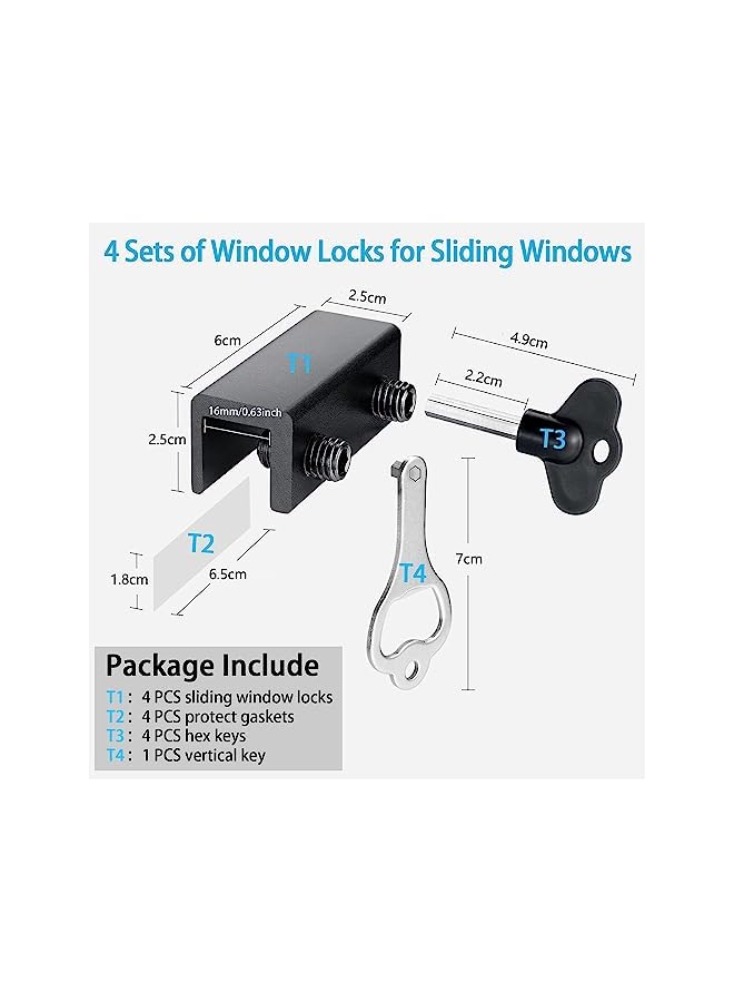 The Bros Sliding Window Locks with Key, 4 Sets Aluminum Sliding Security Window Locks, Adjustable Sliding Door Window Locks, Security Window Lock for Patio, Bedroom, Home and Office Windows (Black) - Image 4