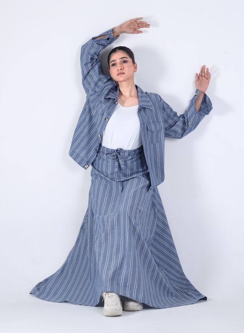 Ambittrends Blue Striped Co-Ord Set – Shirt & Skirt - Image 2