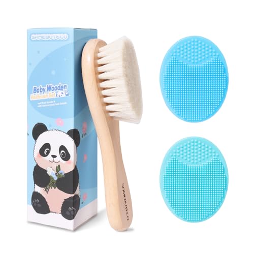 SAMEBUTECO Baby Hair Brush Set,3 in1 Kit,1 Pack Goat Hair Bristles Brush 2 Pieces Silicone Cradle Cap Brushes Wood Handle Newborn Brush for Newborns and Toddlers - Image 1