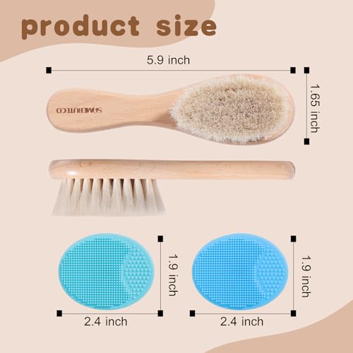 SAMEBUTECO Baby Hair Brush Set,3 in1 Kit,1 Pack Goat Hair Bristles Brush 2 Pieces Silicone Cradle Cap Brushes Wood Handle Newborn Brush for Newborns and Toddlers - Image 2