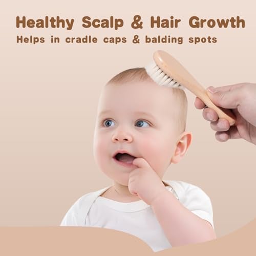 SAMEBUTECO Baby Hair Brush Set,3 in1 Kit,1 Pack Goat Hair Bristles Brush 2 Pieces Silicone Cradle Cap Brushes Wood Handle Newborn Brush for Newborns and Toddlers - Image 3