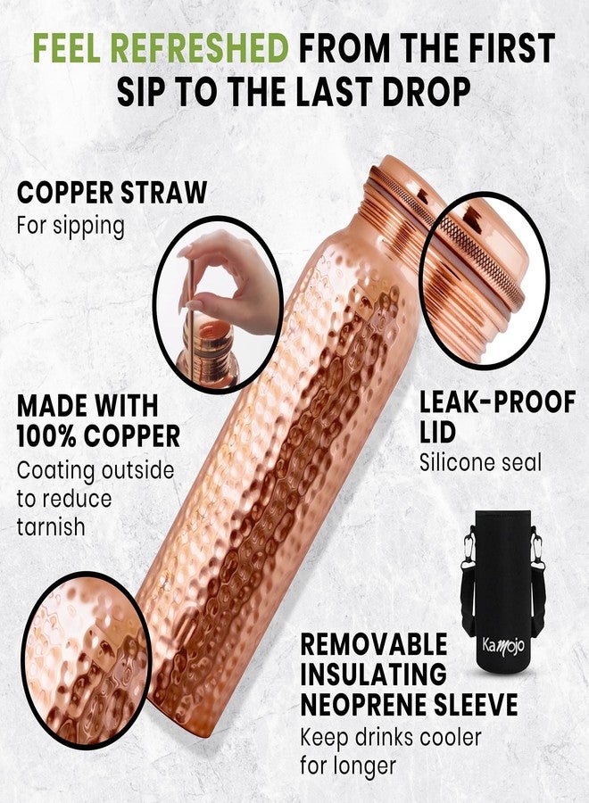 Kamojo Copper Water Bottle for Drinking - Hammered 100% Pure Copper Tumbler Cup with Leak Proof Lid, Removable Insulating Sleeve & Straw - Handcrafted Ayurvedic Cup for Water 32 fl oz - Image 2
