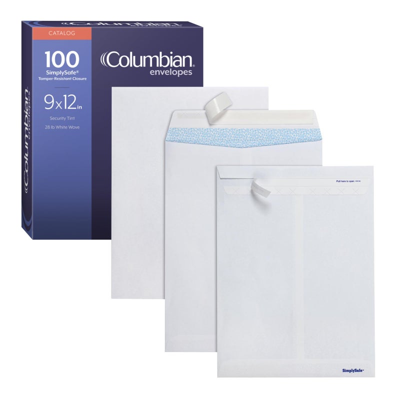 Columbian 9 x 12 Security Envelopes 100Box 9 x 12 Inches Release Seal Self Seal SimplySafe Tamper Evident Pull Strip White COLO930