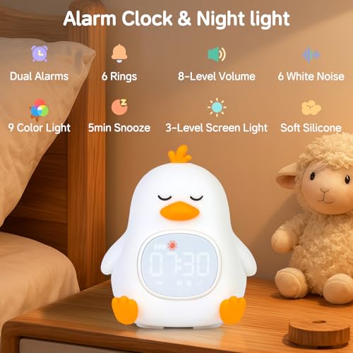 Yiliaw Alarm Clock for Kids with Night Light Sleep Training Clock Time to Wake Clock Rechargeable Silicone Light for Bedroom Perfect Sleep Companion for Boys Girls Sleepy Duck - Image 3