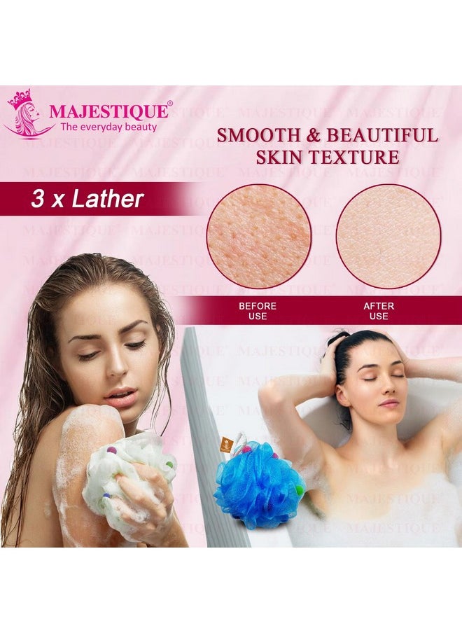 MAJESTIQUE Majestique Premium Large Size 3x Lather Loofas with Active Spheres, 55g Body Wash Sponge, Ball Soft Body Scrubber, Exfoliate, Cleanse, Bathing Sponge for Women Men Kids - 3Pcs/Multicolor  - Image 3