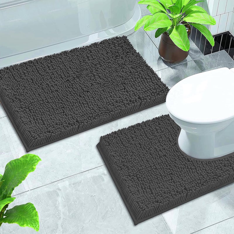GVTECH Multi-use well optimized build Bath Mat Set 2 Pieces, Chenille Non-Slip Back 50x80 cm Bathroom Mat & 50x60 cm U Shape Toilet Rug Fleece, Highly Absorbent, Bathroom Carpet, Super Soft Microfiber Bath Rug (Grey) Reliable durability - Image 1