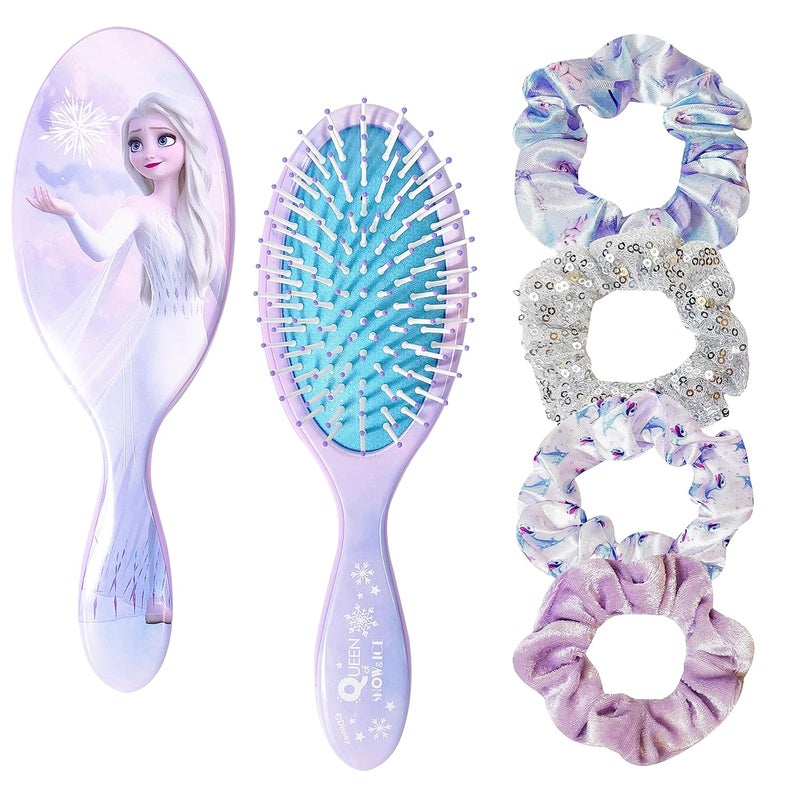 Frozen Princess Elsa Hair Accessory 5 Pcs Set  1 Regular 9 inch Frozen Hairbrush  4 Frozen Scrunchies  Detangling Brush  Elastic Hair Ties Ropes for Girls Ages 3