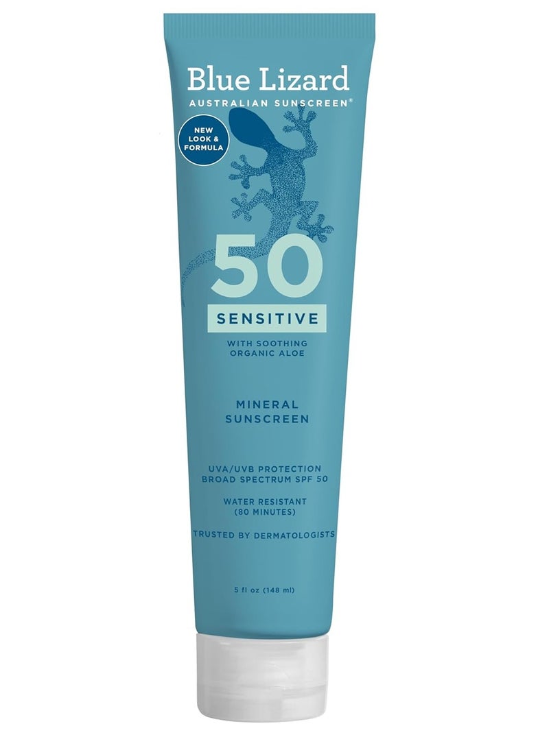 BLUE LIZARD Sensitive Mineral Sunscreen with Zinc Oxide 50+ Water Resistant UVAUVB Protection with Smart Cap Technology Fragrance Free, Sensitve, SPF 50 - - Tube, Unscented, 5 Fl Oz - Image 1