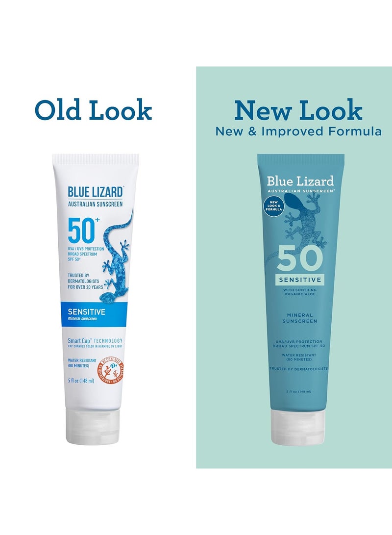 BLUE LIZARD Sensitive Mineral Sunscreen with Zinc Oxide 50+ Water Resistant UVAUVB Protection with Smart Cap Technology Fragrance Free, Sensitve, SPF 50 - - Tube, Unscented, 5 Fl Oz - Image 4