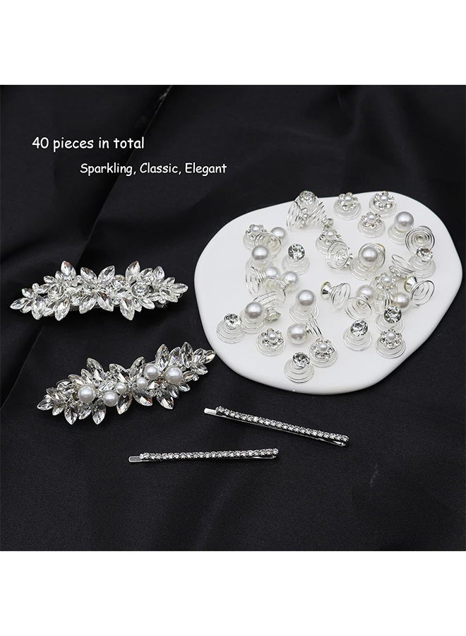 إم إكس إن مجموعة مشابك شعر حلزونية مكونة من 40 قطعة، تتضمن 4 دبابيس شعر كريستالية و36 قطعة من أحجار الشعر الحلزونية - مجموعة مشابك شعر حلزونية مرصعة بالكريستال والأحجار الكريمة - مشابك شعر حلزونية مرصعة بالألماس واللؤلؤ والزهور - مثالية لحفلات الزفاف، وحفلات الخطوبة، وحفلات التخرج، والحفلات، والمناسبات الخاصة. - Image 3