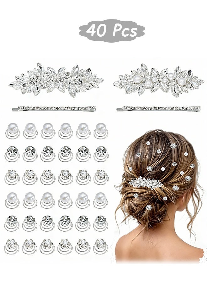 إم إكس إن مجموعة مشابك شعر حلزونية مكونة من 40 قطعة، تتضمن 4 دبابيس شعر كريستالية و36 قطعة من أحجار الشعر الحلزونية - مجموعة مشابك شعر حلزونية مرصعة بالكريستال والأحجار الكريمة - مشابك شعر حلزونية مرصعة بالألماس واللؤلؤ والزهور - مثالية لحفلات الزفاف، وحفلات الخطوبة، وحفلات التخرج، والحفلات، والمناسبات الخاصة. - Image 1