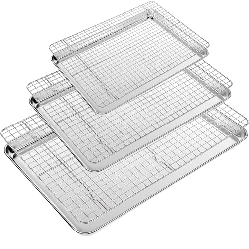 CEKEE Baking Sheet with Wire Rack Set of 6 3 Cookie Sheets for baking  3 Cooking Racks Stainless Steel Stainless Steel Baking Pans Set with Cooling Rack  Heavy Duty  Dishwasher Safe