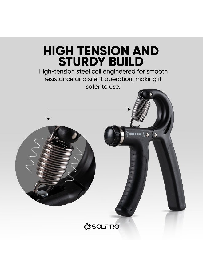 Solpro FirmFlex Adjustable Hand Grip Strengthener for Men & Women | Adjustable 5 to 60 kg Resistance | Forearm, Wrist & Finger Strengthener | Home, Gym & Rehab Workouts (Black/Black) - Image 2