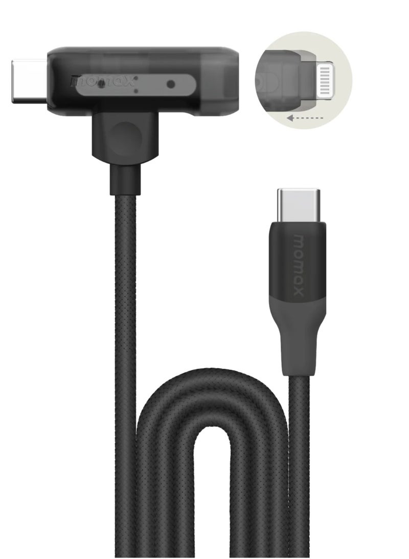 Momax 60W 1.5m 2-in-1 USB-C to Lightning Fast Charging Cable Black - Apple MFi Certified, Durable Premium Braided Nylon, Slide to switch Lightning to USB-C cable, Translucent design - Image 1