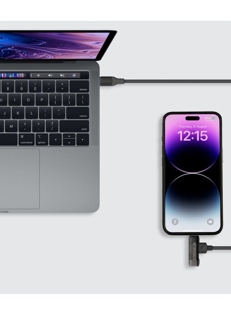 Momax 60W 1.5m 2-in-1 USB-C to Lightning Fast Charging Cable Black - Apple MFi Certified, Durable Premium Braided Nylon, Slide to switch Lightning to USB-C cable, Translucent design - Image 4