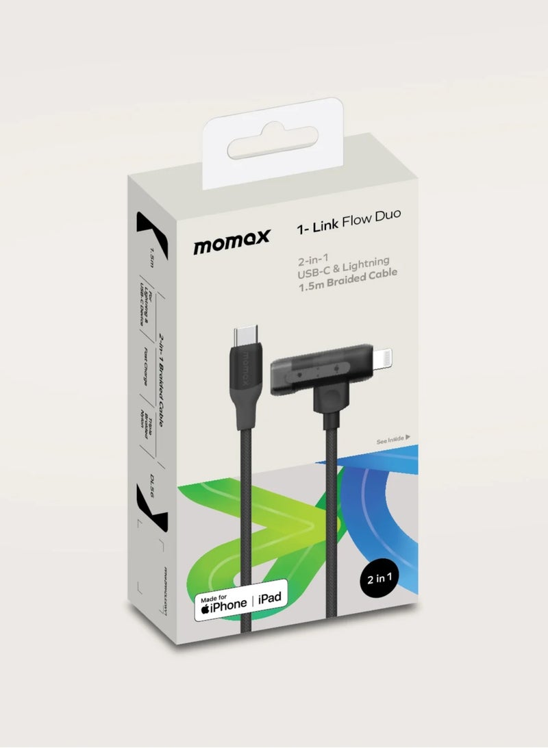 Momax 60W 1.5m 2-in-1 USB-C to Lightning Fast Charging Cable Black - Apple MFi Certified, Durable Premium Braided Nylon, Slide to switch Lightning to USB-C cable, Translucent design - Image 5