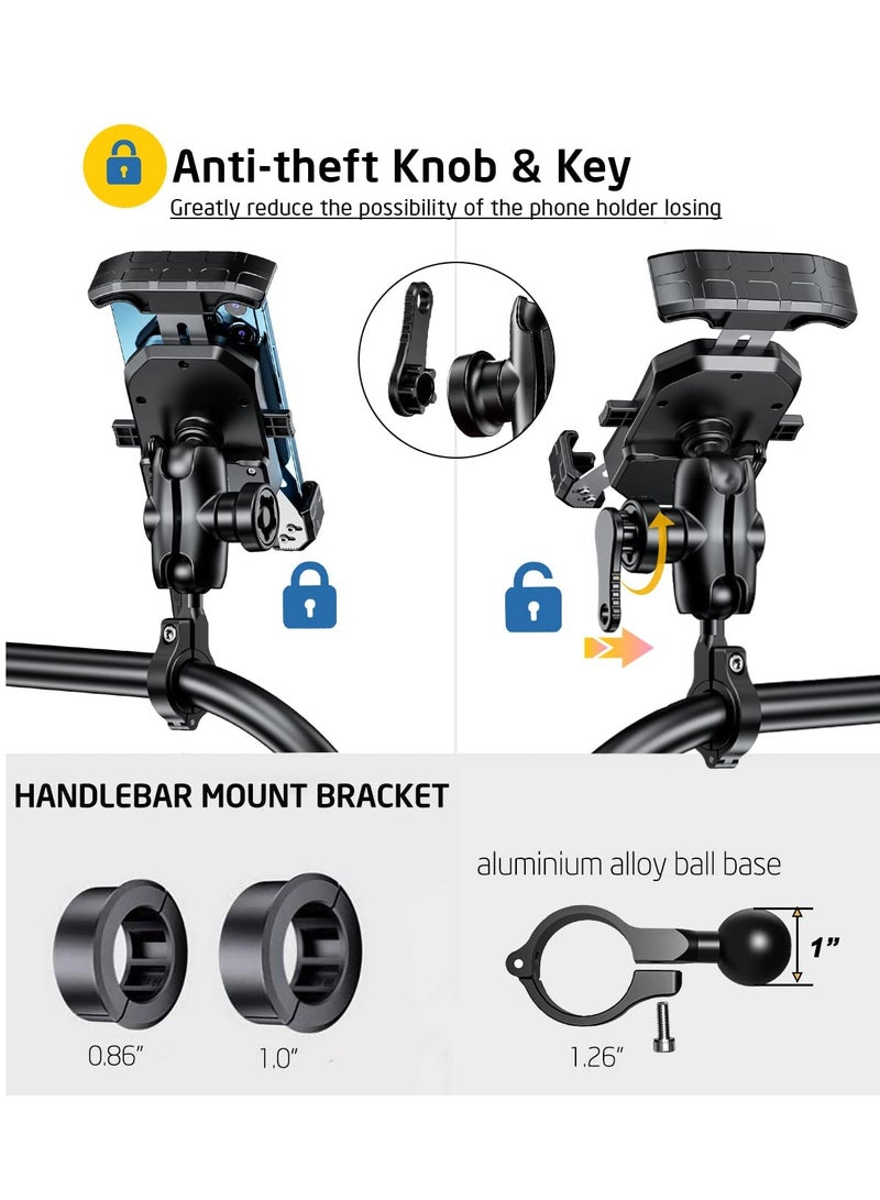 Zikra Anti Theft Motorcycle Bike Phone Mount, Bike Ball Phone Holder Handlebar Double Socket Stem Mobile Holder with Aluminium1" Ball Base 360 Rotation Universal, Compatible for Smart Phones 4.0-7.0" - Image 2