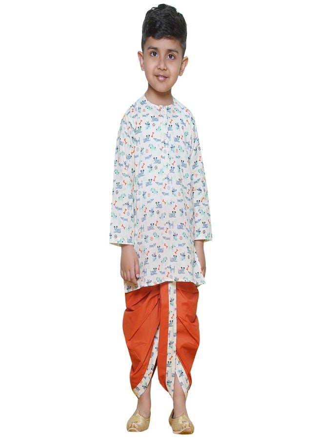 AJ Dezines Kids Ethnic Wear Animal Printed Pure Cotton Rust Dhoti Kurta Set For Boys (1938-Rust-02) - Image 1