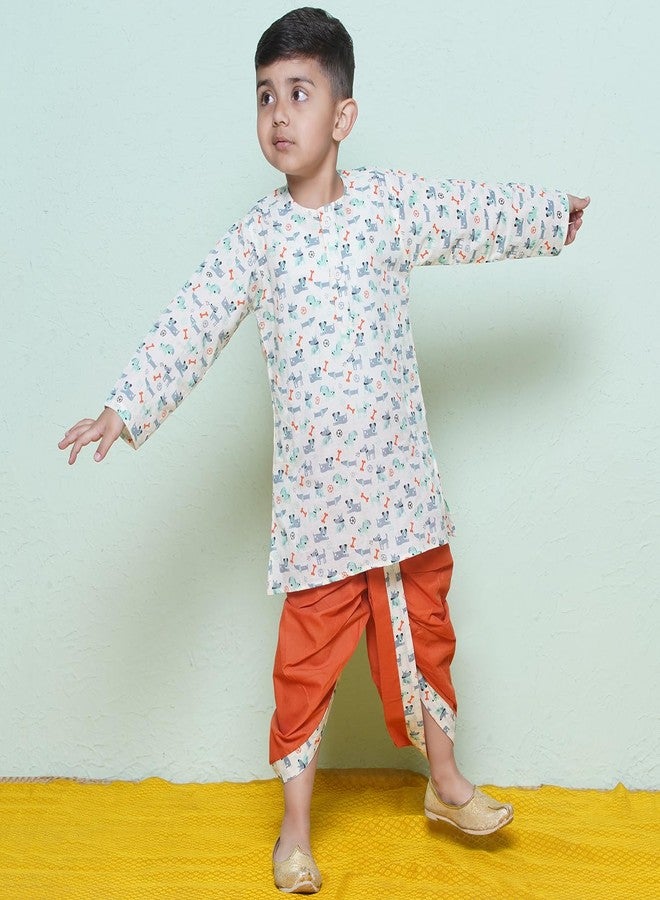 AJ Dezines Kids Ethnic Wear Animal Printed Pure Cotton Rust Dhoti Kurta Set For Boys (1938-Rust-02) - Image 4