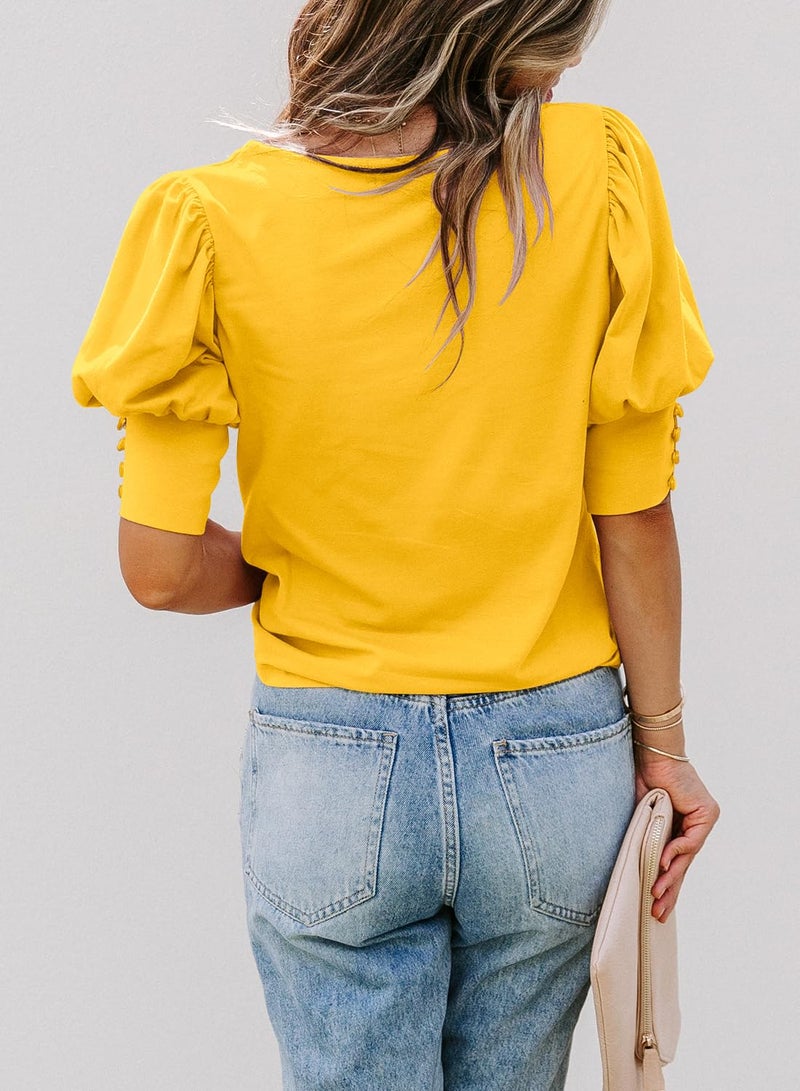 DOROSE Summer Tops for Women Short Sleeve T Shirts Blouses Dressy Casual(Yellow, M) - Image 3